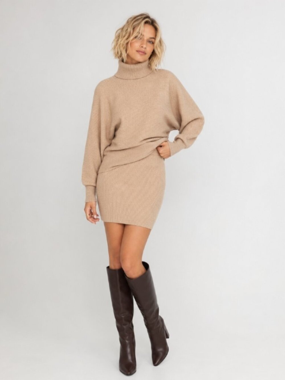 Old Navy Cozy Cashmere Rib Knit Sweater & Skirt Set M Beige Matching 2-Piece